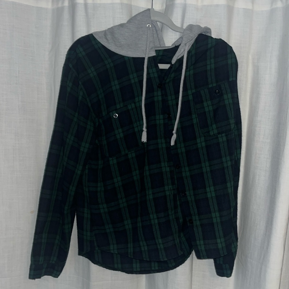Green flannel with grey hood
